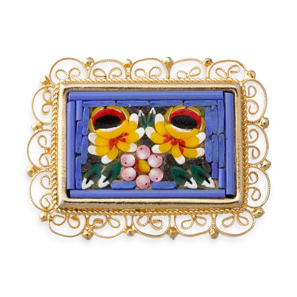 Vintage Italian Floral Micro Mosaic Brooch Gold Plated Multicolor Flowers Italy